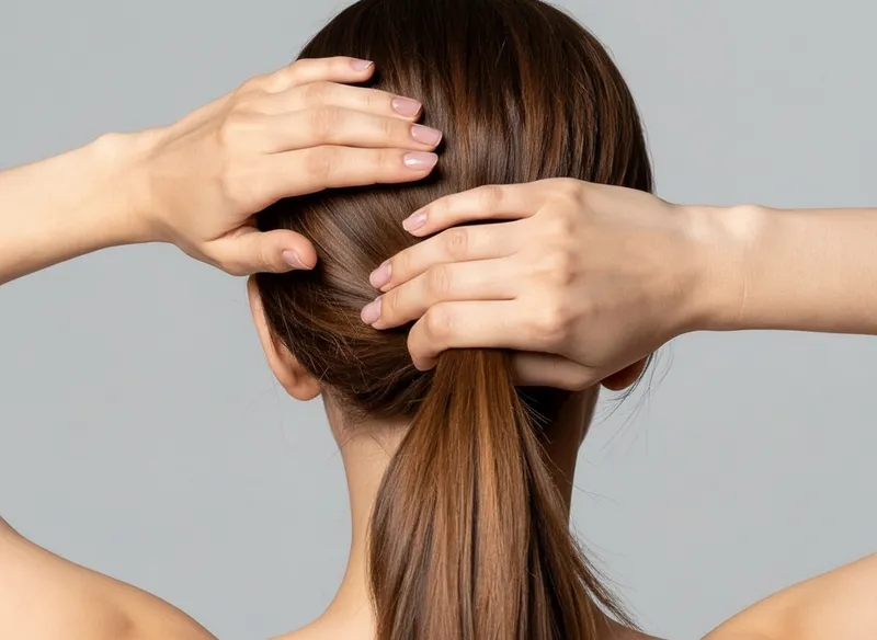 Woman gathering her hair into a ponytail