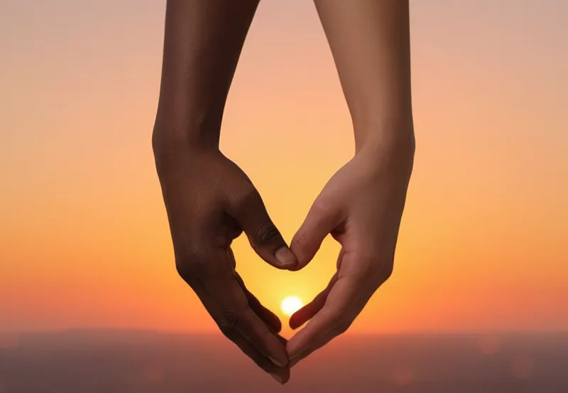 Two hands forming a heart shape against a sunset