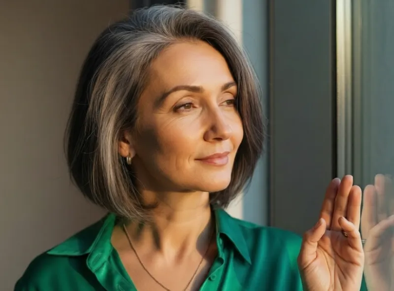 Mature woman in a green top looking thoughtfully out of a window
